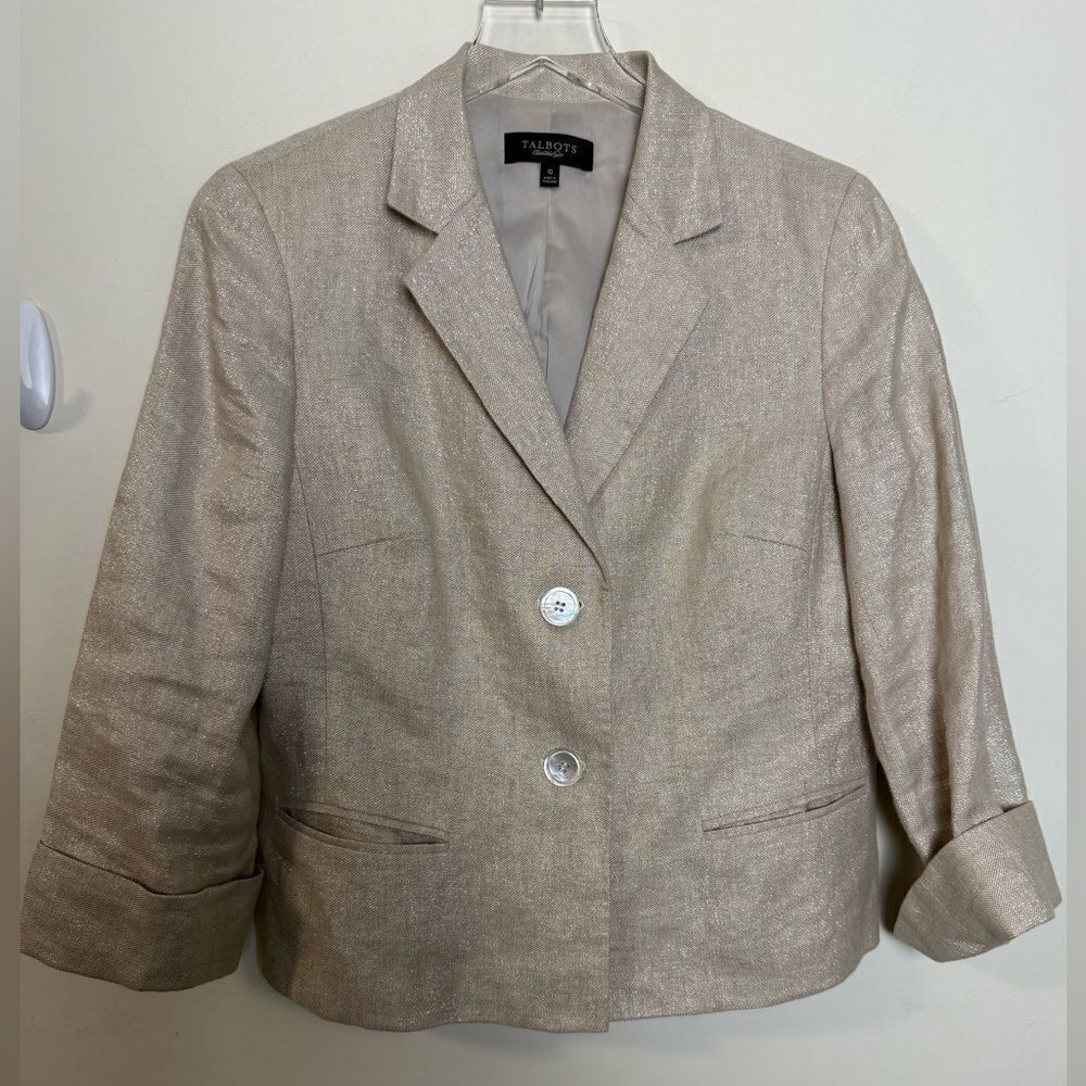 Talbots Linen Beige Gold Metallic Blazer Jacket Size 10